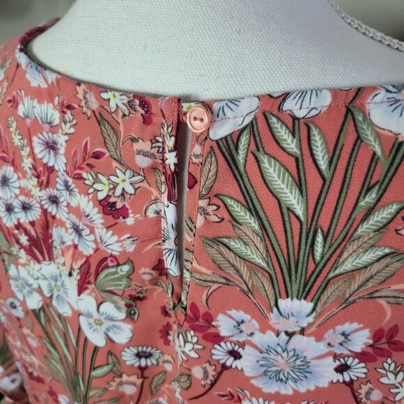 Lauren Conrad Floral Pink Sheer Long Sleeve Blouse Womens Large Ruffle Arm - Picture 11 of 12